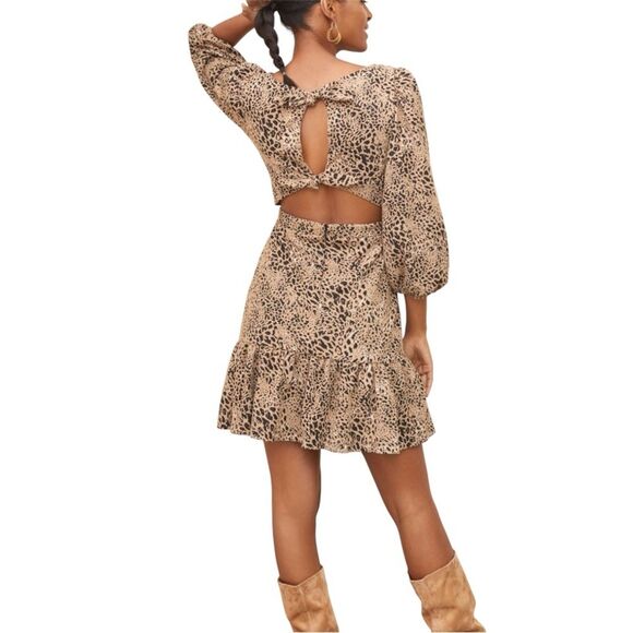 Maeve By Anthropologie Knit Cut-Out Mini Dress Brown‎ Animal Print Size 12 - Picture 2 of 9